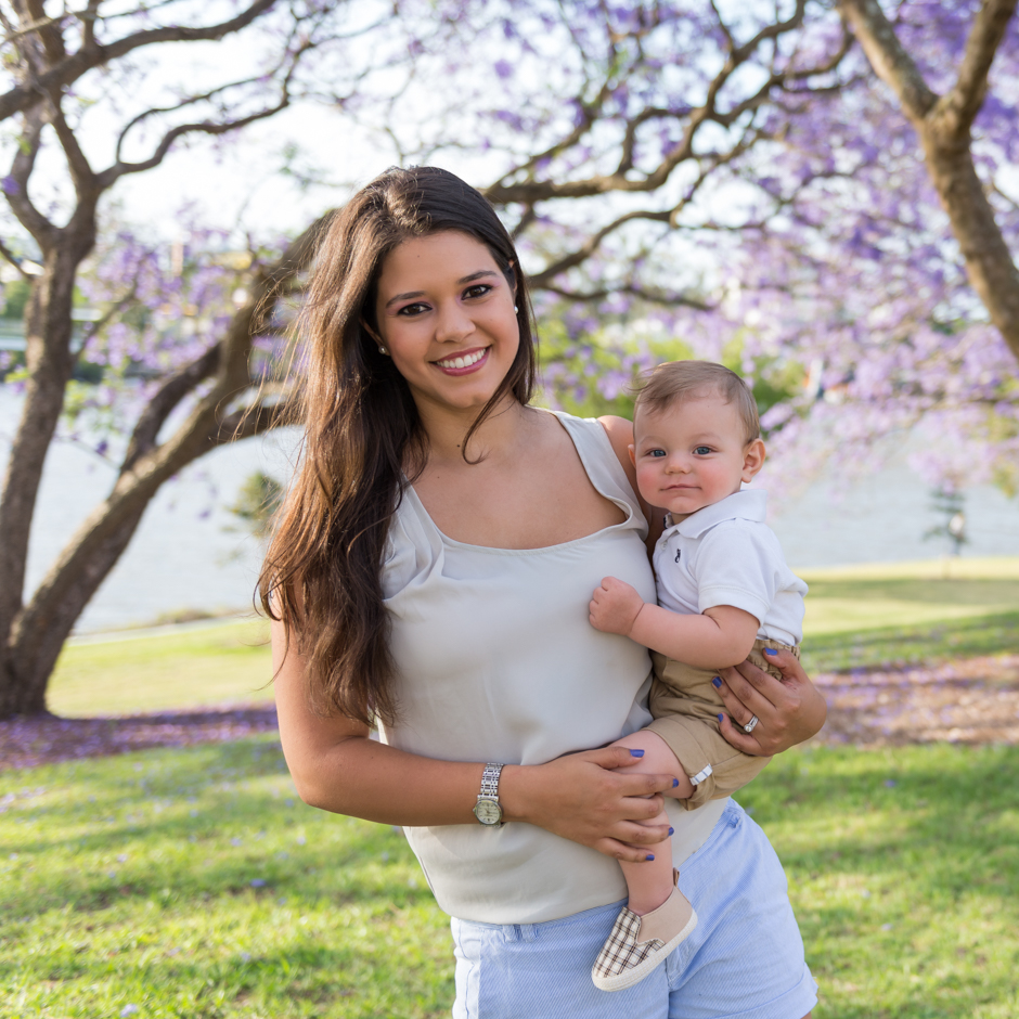 Brisbane young family, family session, jacarandas, milestone, baby, mommy and me